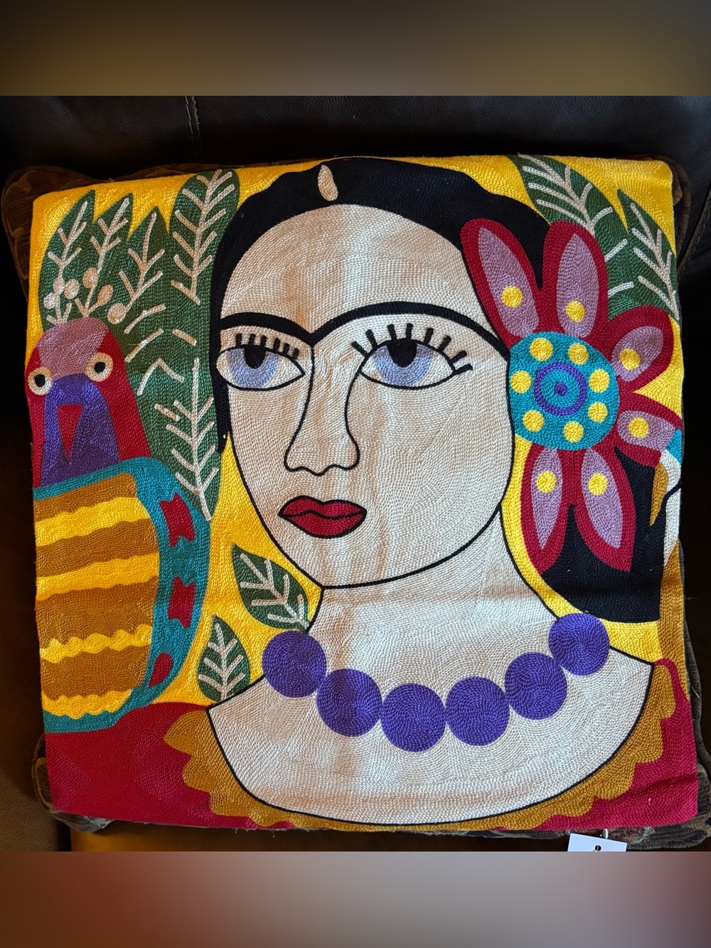 Vibrant Frida & Parrot Embroidered Pillow Cover